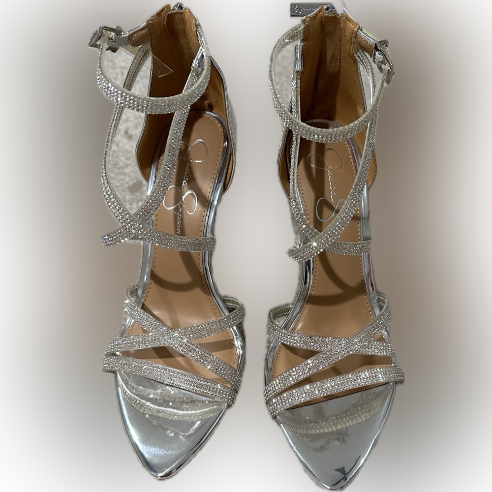 NWT Jessica Simpson Silver/Diamond Ankle Strap Stiletto